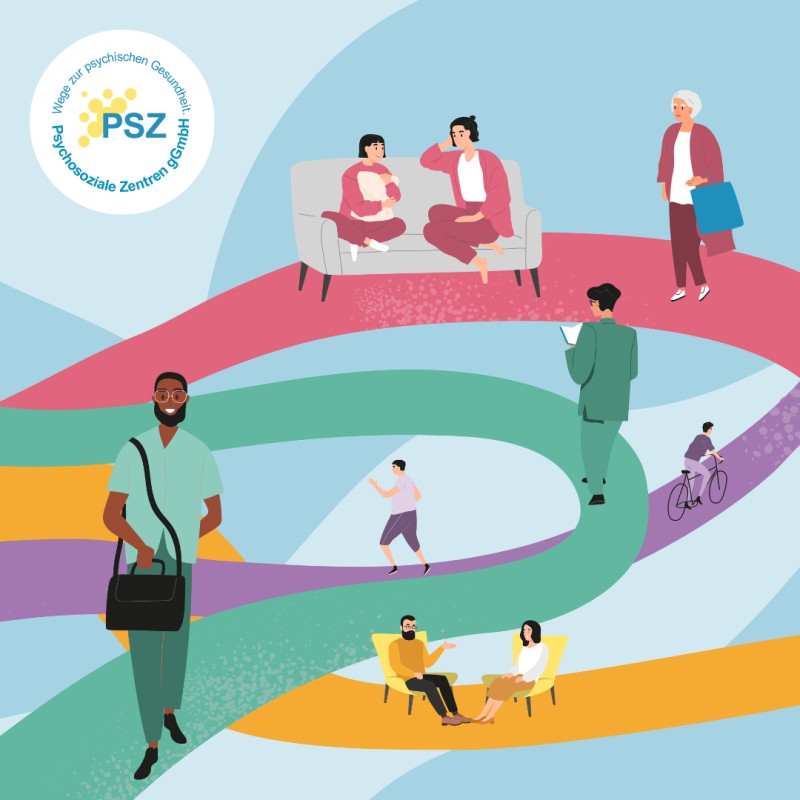 : Die PSZ (Psychosoziale Zentren gGmbH) unterstützt Menschen mit psychischen Erkrankungen und ihre Angehörigen durch Beratung, Behandlung, soziale und berufliche Rehabilitation sowie rund ums Wohnen. © Grafik: ERFINDERISCH], Foto: PSZ / Die Psychosoziale Zentren gGmbH
