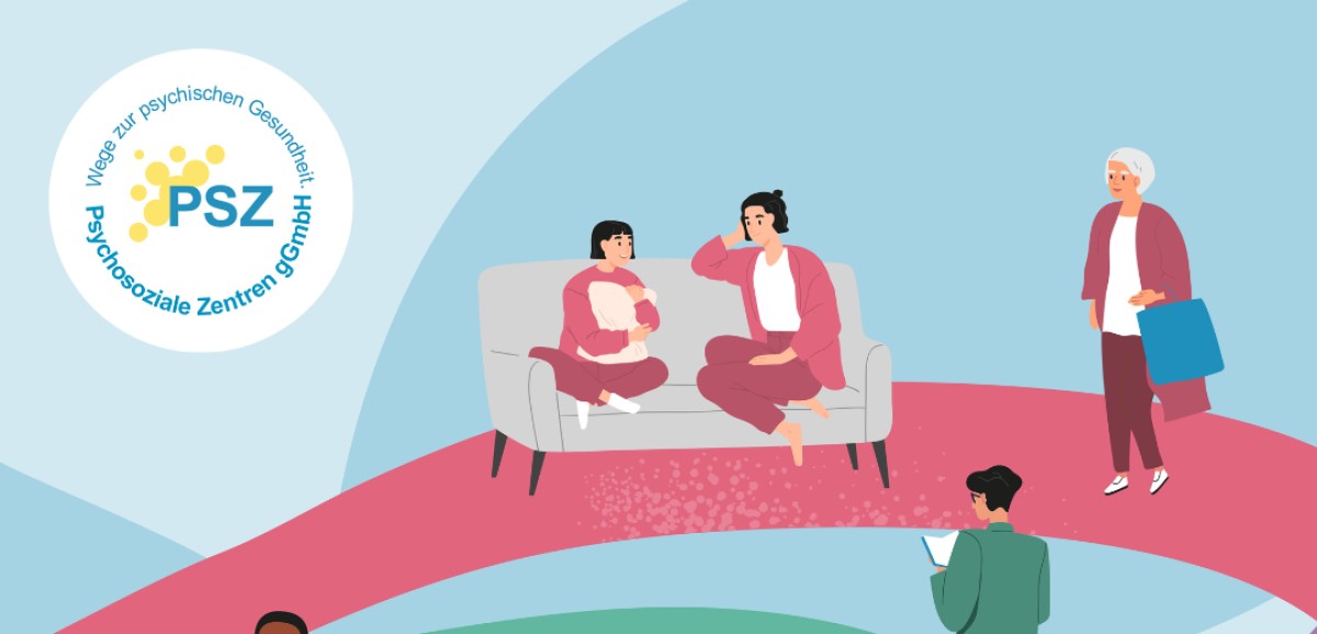 : Die PSZ (Psychosoziale Zentren gGmbH) unterstützt Menschen mit psychischen Erkrankungen und ihre Angehörigen durch Beratung, Behandlung, soziale und berufliche Rehabilitation sowie rund ums Wohnen. © Grafik: ERFINDERISCH], Foto: PSZ / Die Psychosoziale Zentren gGmbH
