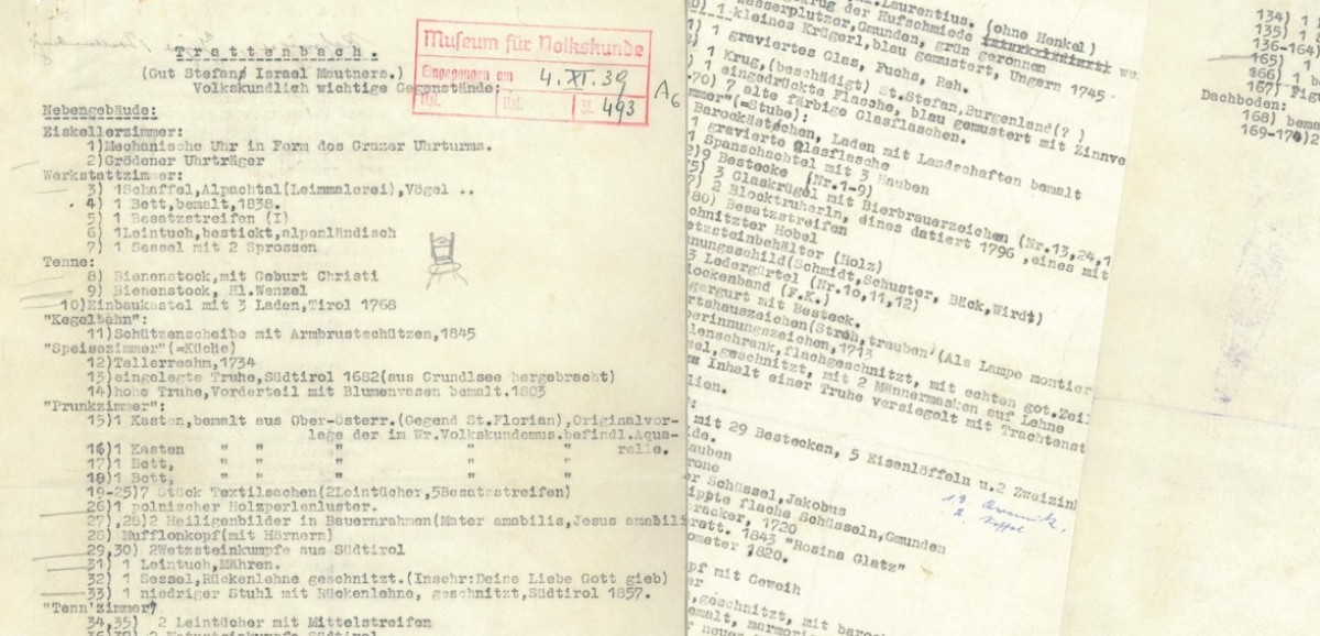 : Bildmontage des dreiseitigen Dokumentes „Trattenbach. (Gut Stefan Israel Mautners.) Volkskundliche wichtige Gegenstände“ | ÖMV Direktionsarchiv, 1939 eingegangen | Scan © Volkskundemuseum Wien