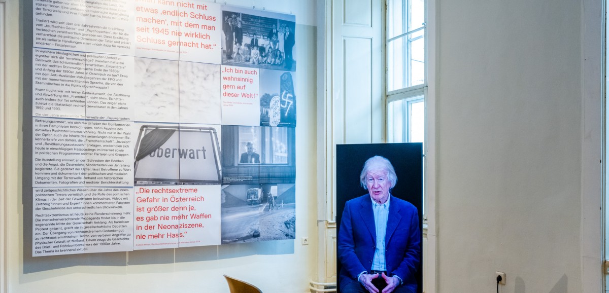 : Ausstellung „Man will uns ans Leben“ Bomben gegen Minderheiten 1993–1996. Foto: Kollektiv Fischka / Kramar © Volkskundemuseum Wien