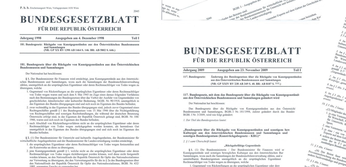 : Bildmontage des Kunstrückgabegesetzes von 1998 sowie der Novelle von 2009 | Bundesgesetzblätter sind frei zugänglich unter www.ris.bka.gv.at