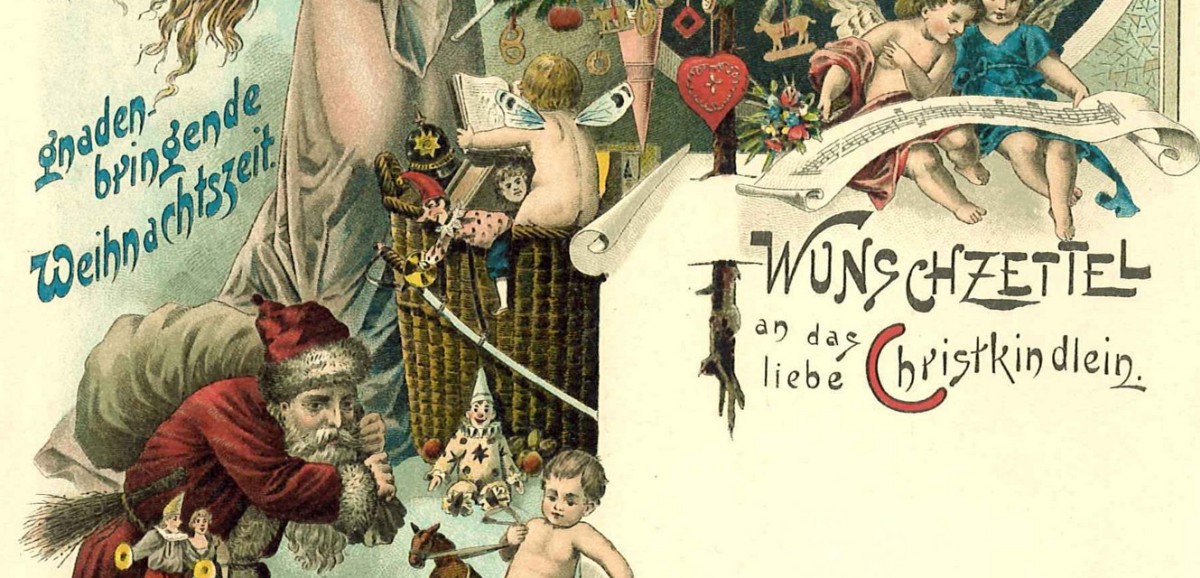 : Vorgedruckter Weihnachtswunschzettel | Chromolithographie, um 1928 | Aus den Sammlungen des Österreichischen Museums für Volkskunde | © Österreichisches Museum für Volkskunde