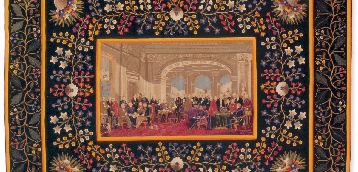 : Patchworkdecke mit Staatsmännern aus Militär und Marine (=„Wagemut Großbritanniens“)
England, 1860-70
Schneider: Michael Zumpf
190 x 215 cm
Wolltuch, Intarsientechnik
Privatbesitz von Annette Gero, Sydney/Australien