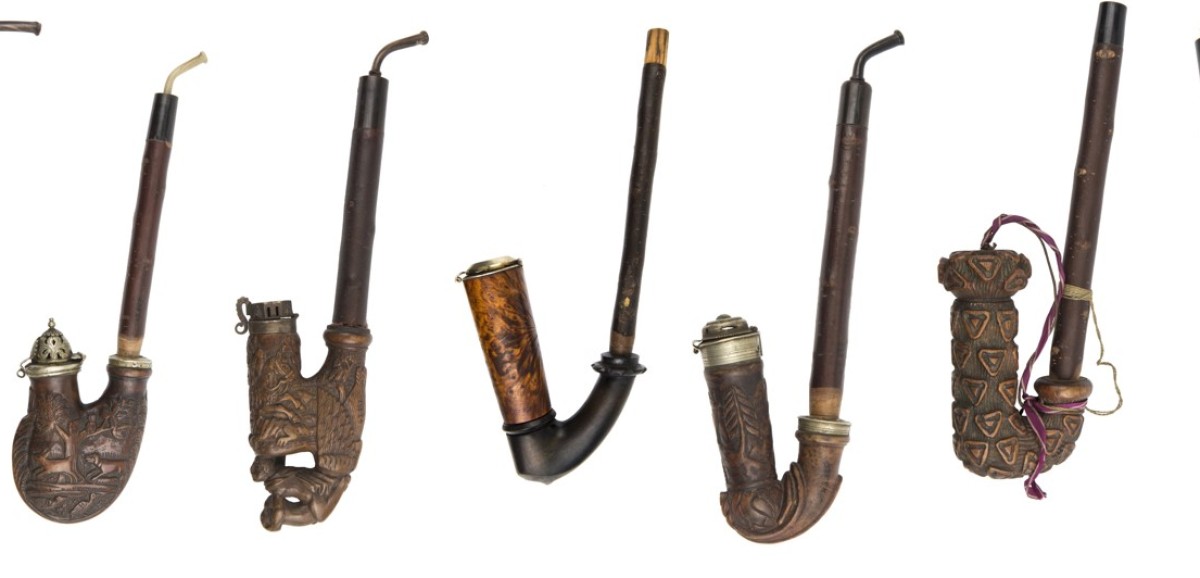 : Bildmontage einiger Pfeifen (vor 1924) aus der Sammlung von Anna und Konrad Mautner | ÖMV/43883 bis ÖMV/43920, 1938 inventarisiert | Fotos: Christa Knott © Volkskundemuseum Wien