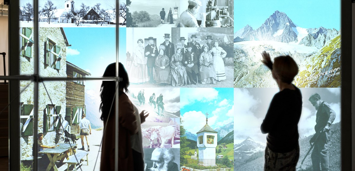 : Forschungsstation in der Ausstellung RETROPIA. Touch-Walls. Fotomontage: dform